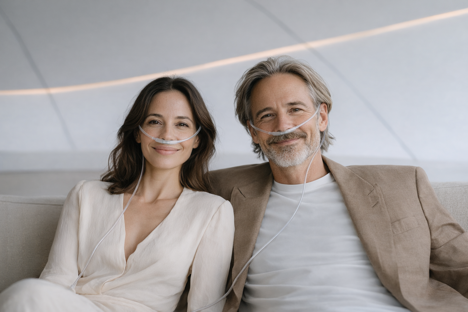 Two people enjoying a molecular hydrogen inhalation session with nasal cannulas