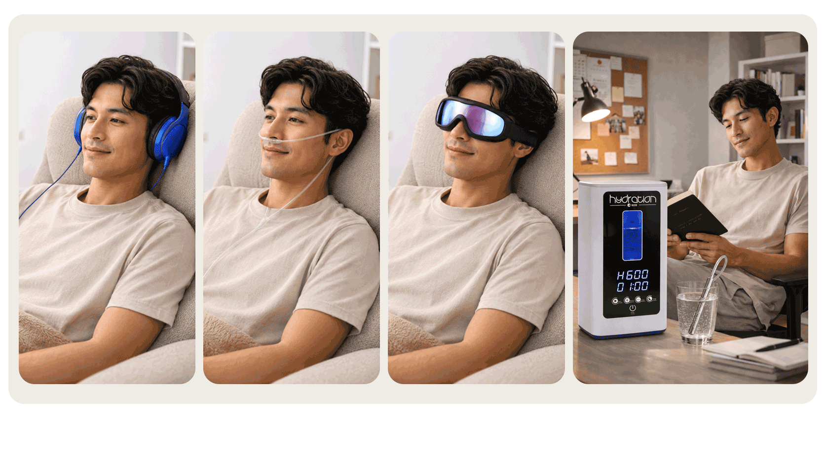 Hydration-H₂ S 900 Plus accessories — H₂ earphones, nasal cannula, treatment goggles, device with water rod