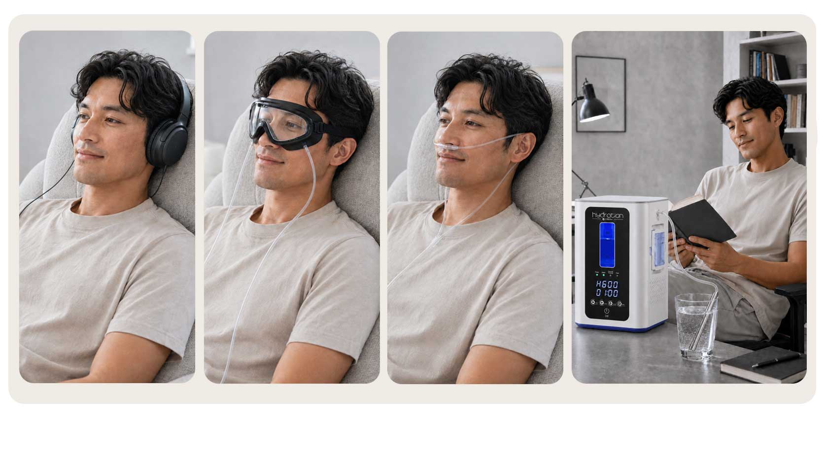Hydration-H₂ S 900 Plus accessories — H₂ earphones, nasal cannula, treatment goggles, device with water rod