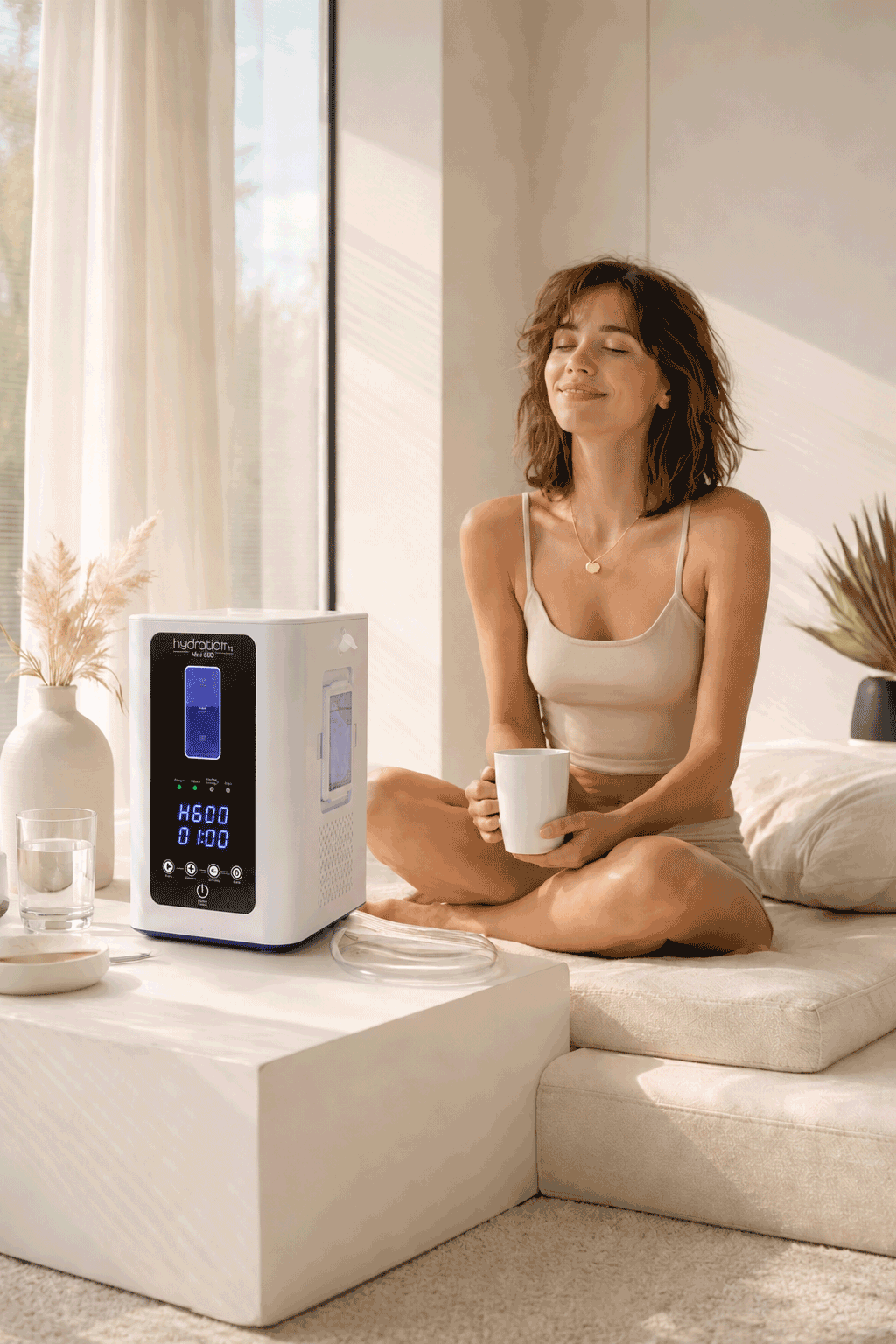 Woman enjoying a personal H₂ session at home