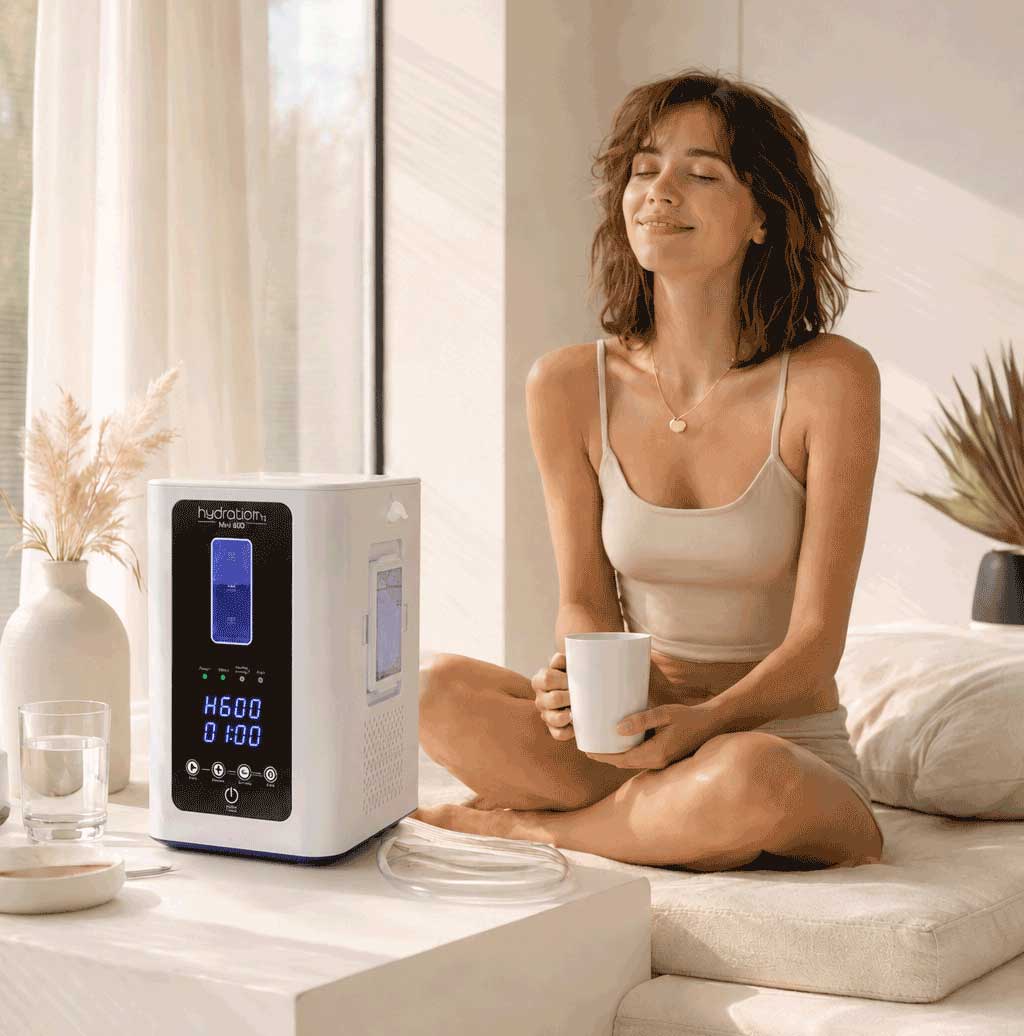 Woman enjoying a personal H₂ session at home